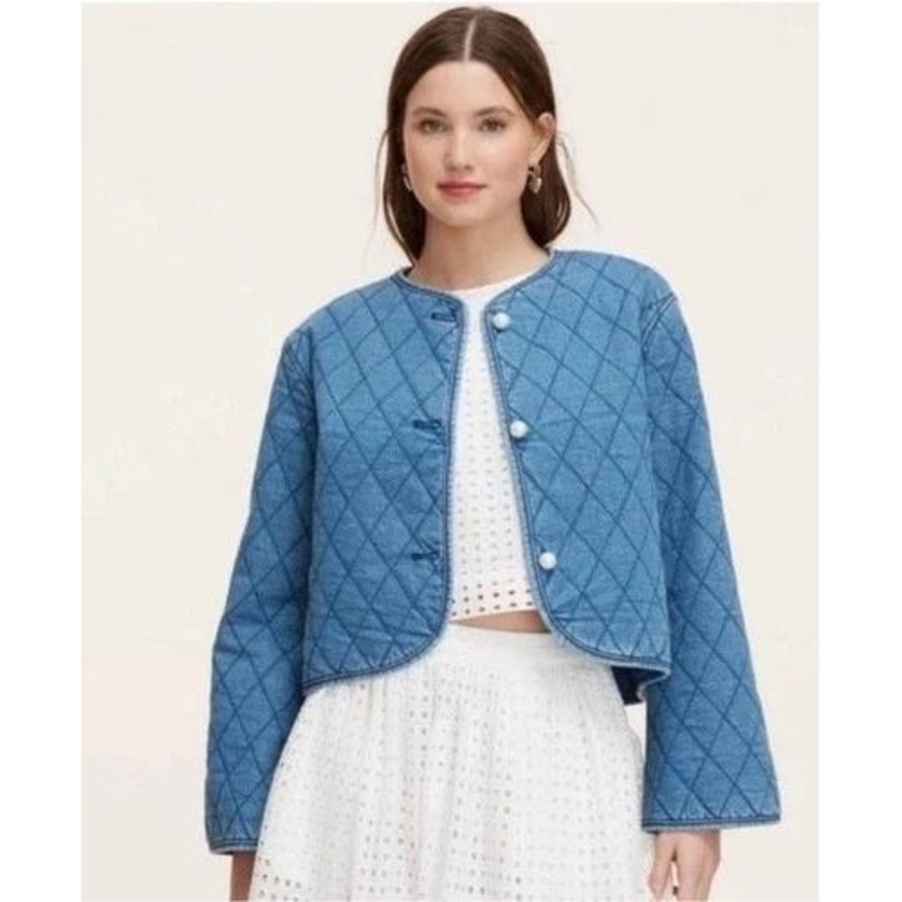 Kate Spade Quilted Denim Jacket Women Large NEW Pearl Button Target Collab